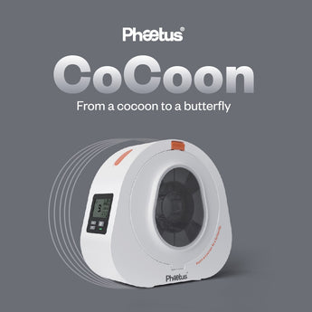 Phaetus CoCoon white sealed filament dry box with LCD monitor, USB-C port, spool rollers, and desiccant storage