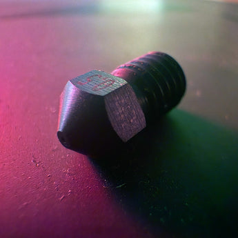 Black TiAlSiN-coated tungsten carbide 0.5mm 3D printer nozzle with hex body and threaded V6/MK8-style shank