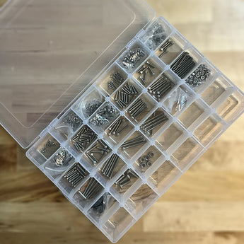 Pandora's Box stainless steel fastener kit in organizer box with M2, M3 and M5 screws, nuts, washers, inserts and magnets