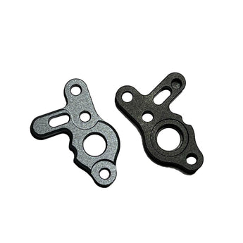 Black and denim anodized machined K-face plates for Mini-Sherpa extruder, showing bearing bore, screw holes, and alignment slot