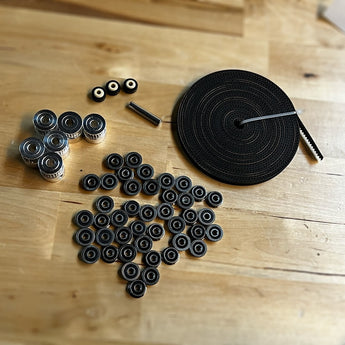Pandora’s Box motion kit in silver with GT2 belt, silver 20T pulleys, F623-RS bearings, KGLM-03 bearings and shaft