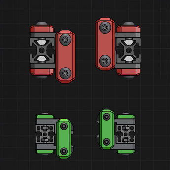 CAD render of clee Beefy Z Idlers for Voron, showing red and green idler carriages with aluminum pin hardware
