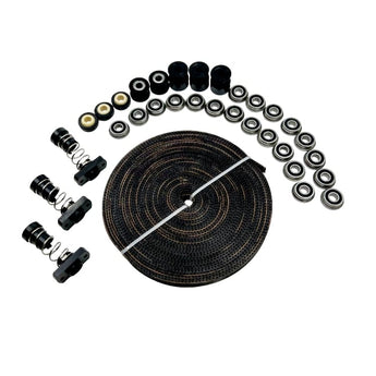 Black Voron Trident motion kit with Gates LL-2GT-6 belt, Runice 20T pulleys and idlers, F695 bearings, EGLM-05 joints, and POM T8 nuts