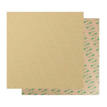 Amber 20mil Ultem PEI 3D printer build-surface sheet with tan 3M adhesive liner partially peeled back.