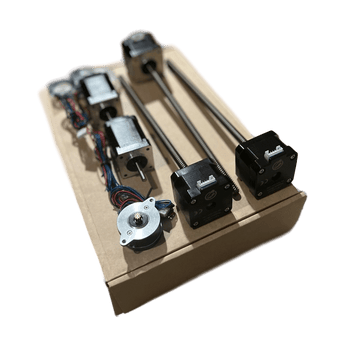 Salad Fork motors kit with three integrated lead-screw Z steppers, two NEMA14 motors, and one pancake extruder motor on box