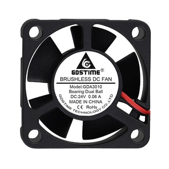 Front view of GDSTIME GDA3010 30x30x10mm 24V dual-ball axial fan with red and black leads