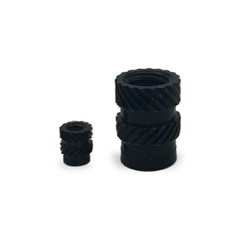 Black-nickel coated brass threaded heat-set inserts in assorted metric sizes for 3D printed parts