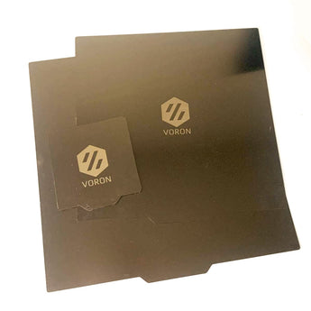 Voron-logo PEI spring steel build plates with smooth and textured print surfaces