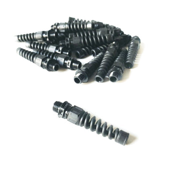 Black M12 spiral nylon cable glands with threaded compression fittings for IP68 strain relief