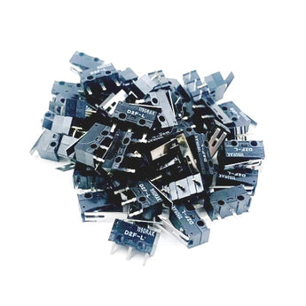 Omron D2F-5L ultra-subminiature hinge lever microswitch with black body, silver lever, and PCB terminals