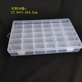 Clear 36-compartment plastic grid box, 27.5 cm by 17.5 cm by 4.2 cm, with removable dividers and snap latches