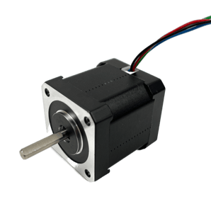 LDO-42STH48-2504AC NEMA 17 stepper motor with 5mm shaft and four colored leads, angled side view