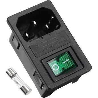 Black IEC320 C14 panel-mount power inlet with green rocker switch, fuse holder, and glass fuse