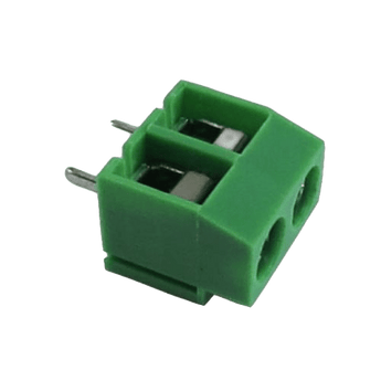 Green 2-position KANGNEX WJ500V-5.08-2P through-hole PCB screw terminal block, 5.08mm pitch