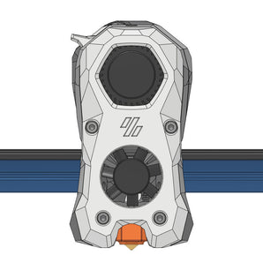 CAD render of WTH-Burner 80% Stealthburner-style toolhead mounted on a tiny Voron rail