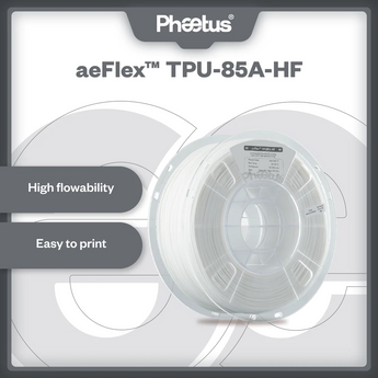 Phaetus aeFlex TPU-85A-HF high-flow flexible filament spool with easy-to-print feature callouts