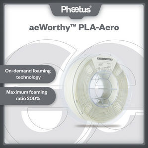 Phaetus aeWorthy PLA-AERO white foaming PLA filament spool graphic showing on-demand foaming technology and 200% maximum foaming ratio