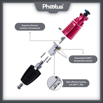 Phaetus Rapido Hotend 2 UHF magenta exploded feature diagram showing titanium heatbreak, 104NT sensor, and heater block