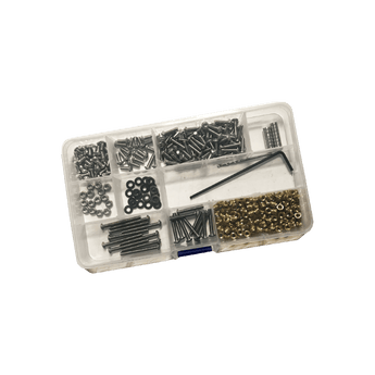 Polyformer fasteners kit with M3 button-head screws, washers, nuts, heat-set inserts, magnets, drill bit, and Allen key