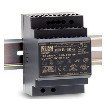 Mean Well HDR-60-5 ultra-slim 5V 6.5A DIN-rail power supply with screw terminals