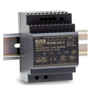 Mean Well HDR-60-5 ultra-slim 5V 6.5A DIN-rail power supply with screw terminals