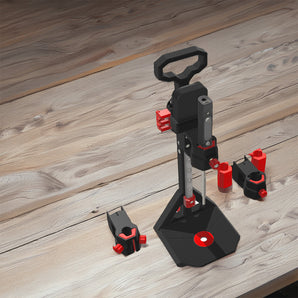 Rendered Stealth Press Zero heat-set insert press with black and red printed parts, vertical rail, base plate, and soldering iron mounts.