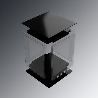 Micron Doom 120mm panel kit render showing clear acrylic side and door panels with black ACM top and bottom panels