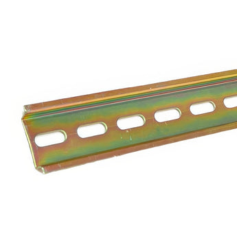 Close-up of zinc-plated steel 35mm top-hat DIN rail profile