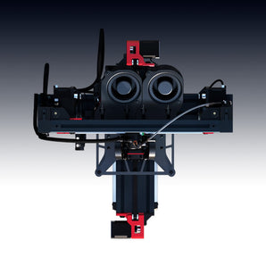 Render of assembled LH Stinger cartesian 3D printer with black frame, carbon fiber bed supports, dual front fans, and red toolhead accents
