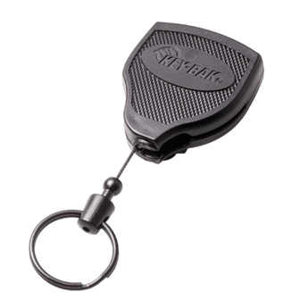 KEY-BAK SUPER48 black retractable keychain with belt clip, split ring, and extended Kevlar cord