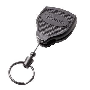 KEY-BAK SUPER48 black retractable keychain with belt clip, split ring, and extended Kevlar cord