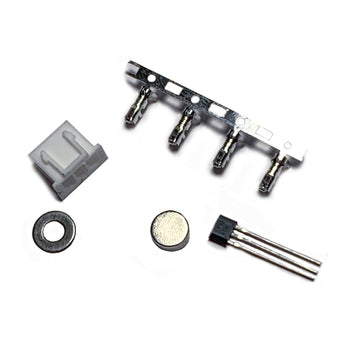 ERCF toolhead sensor kit with AH3364Q-P-B Hall sensor, JST-XH 3-pin housing and pins, steel washer, and round magnet