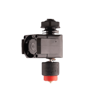 E3D Revo Micro 24V hotend with black fan shroud, M12 mounting nut, heatsink, and brass Revo nozzle