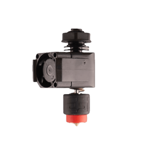 E3D Revo Micro 24V hotend with black fan shroud, M12 mounting nut, heatsink, and brass Revo nozzle