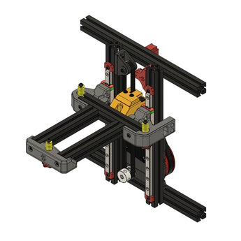 Voron V0.1 belted Z kit hardware with GT2 belt, 20T pulleys, bearings, shaft, washers, nuts, inserts, and fasteners