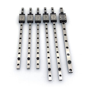 Six stainless MGN linear rails with carriages for a Salad Fork 160mm rail kit