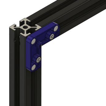 CAD rendering of a bobbleheed Voron V2 magnetic panel mount with blue printed latch hardware on black aluminum extrusion