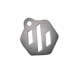 Brushed titanium Voron-logo keychain with laser-cut openings and round keyring hole