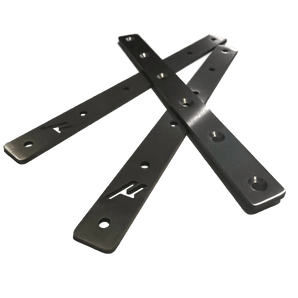 Three black Micron 120 extrusion backer plates with countersunk mounting holes
