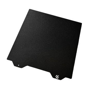 Voron-logo spring steel PEI build plates with smooth and textured surfaces and pull-tab logo cutout