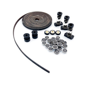 Salad Fork motion kit with Gates 2GT belt, F623 bearings, TR8x8 anti-backlash nuts, Igus EGLM-05 bearings, and black or silver pulleys