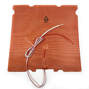 Orange DFH silicone print bed heating pad with cutouts, wire leads, and taped thermistor