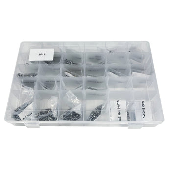 Salad Fork stainless steel fastener kit sorted in a labeled compartment organizer with screws, nuts, washers, inserts, and 6x3 magnets
