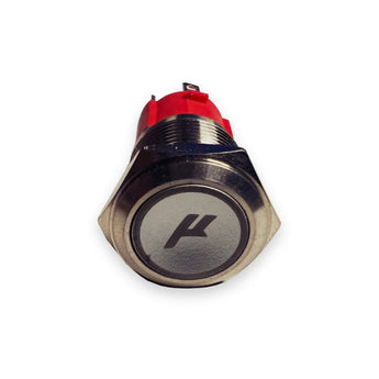 16mm Micron-logo white LED metal push button switch, front view