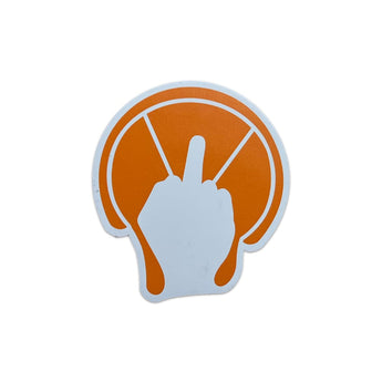 Orange and white Fuck Slice 3 x 3 die-cut magnet with hand gesture graphic on white background