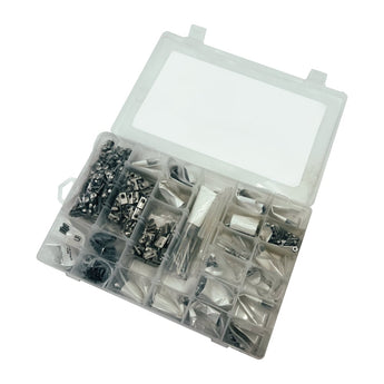 Millennium Mills Milo minimill fastener kit sorted in a clear compartment organizer with screws, T-nuts, washers and heat-set inserts