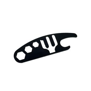 Black steel Salad Fork keychain bottle opener with hex nozzle-spinner cutouts and fork logo