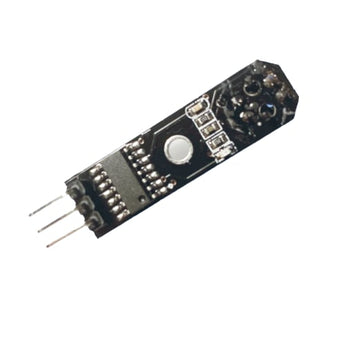 TCRT5000 reflective optical sensor module on a small breakout PCB, top-down view: 4-pin header (Vcc, GND, DO, AO), IR LED + phototransistor package, sensitivity trimpot, two 3 mm mounting holes.