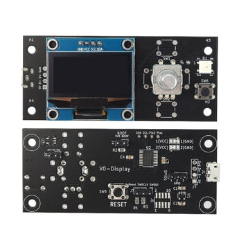 FYSETC Voron V0_Display 1.3 inch OLED controller PCB with rotary encoder, reset/kill buttons, USB port, GPIO header, and onboard Neopixel