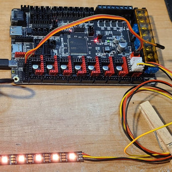 Stepstick Neopixel Board PCB with Stepstick header, 5V JST-XH input, and two JST-XH Neopixel strip outputs